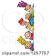 Clipart Of A Diverse Group Of Stick Children Looking Around A Corner Or Sign Royalty Free Vector Illustration