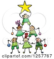 Diverse Group Of Stick Children Forming A Christmas Tree Pyramid