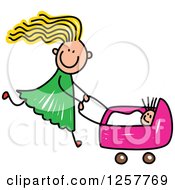 Blond White Stick Girl Pushing A Baby Doll In A Stroller