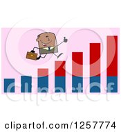 Poster, Art Print Of Black Stick Businessman Holding A Thumb Up And Running On An Growth Bar Graph Over Pink