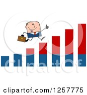 Poster, Art Print Of White Stick Businessman Holding A Thumb Up And Running On An Growth Bar Graph