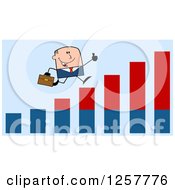 Poster, Art Print Of White Stick Businessman Holding A Thumb Up And Running On An Growth Bar Graph Over Blue
