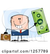 Happy White Businessman Holding Up A Giant Dollar Bill Over Blue