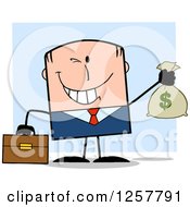 Wealthy White Businessman Winking And Holding A Money Bag Over Blue