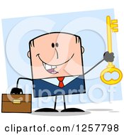 Poster, Art Print Of Happy White Businessman Holding Up A Key To Success Over Blue