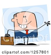 Poster, Art Print Of Happy White Businessman Waving And Holding A Briefcase Over Blue