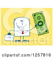 Clipart Of A Happy Businessman Holding Up A Giant Dollar Bill Over Yellow Royalty Free Vector Illustration