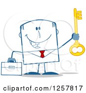 Clipart Of A Happy Businessman Holding Up A Key To Success Royalty Free Vector Illustration