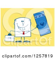 Clipart Of A Happy Businessman Holding Up A Giant Duro Bill Over Yellow Royalty Free Vector Illustration