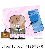 Clipart Of A Happy Black Businessman Holding Up A Giant Duro Bill Over Pink Royalty Free Vector Illustration