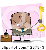 Clipart Of A Happy Black Businessman Holding Up A Key To Success Over Pink Royalty Free Vector Illustration