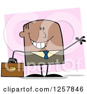 Poster, Art Print Of Happy Black Businessman Waving And Holding A Briefcase Over Pink