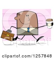 Poster, Art Print Of Happy Black Businessman Running With A To Go Coffee Over Pink