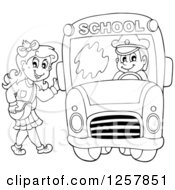 Black And White School Girl Waving And Boarding A Bus