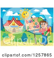 Clipart Of A Caucasian Boy Holding A Back To School Sign Outside A Building Royalty Free Vector Illustration