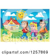 Poster, Art Print Of Three Happy Caucasian School Children Walking On A Sunny Day