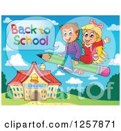 Poster, Art Print Of Happy Caucasian Children Saying Back To School And Flying On A Pencil Over A School Building