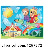 Poster, Art Print Of Happy Caucasian School Children Flying On A Pencil Over A Rainbow And School Building