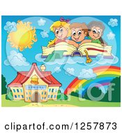 Poster, Art Print Of Group Of Caucasian School Children Reading A Book Over A Rainbow And Building
