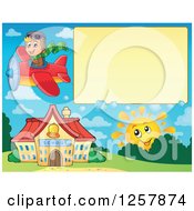 Clipart Of A Happy Sun Watching A Boy Fly A Plane Over A School Building And Text Space Royalty Free Vector Illustration