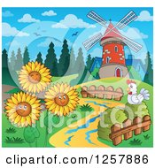 Poster, Art Print Of Chicken And Happy Summer Sunflowers By A Windmill