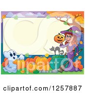 Clipart Of A Halloween Sign With A Ghost Witch Cat And Cauldron Royalty Free Vector Illustration by visekart