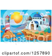 Poster, Art Print Of Coastal Greek Church Lighthouse And Windmill