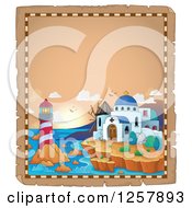Poster, Art Print Of Coastal Greek Church Lighthouse And Windmill On Aged Parchment