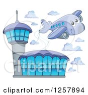 Cute Happy Airplane Flying Over An Airport