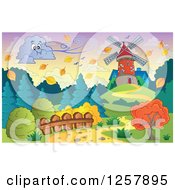 Clipart Of A Cloud Blowing A Breeze Towards A Windmill In Autumn Royalty Free Vector Illustration