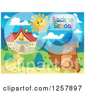 Clipart Of A Professor Owl Saying Back To School Outside A Building Royalty Free Vector Illustration