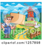 Poster, Art Print Of Happy Male Farmer And Chicken With A Wood Sign And A Windmill