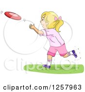 Poster, Art Print Of Happy Blond White Girl Throwing A Frisbee