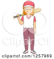 Poster, Art Print Of Happy Red Haired White Girl Standing With A Baseball Bat