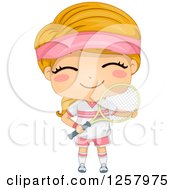 Poster, Art Print Of Happy Blond White Girl Smiling And Holding A Tennis Racket