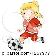 Poster, Art Print Of Happy Blond White Girl Running With A Soccer Ball