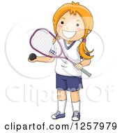 Poster, Art Print Of Happy Red Haired White Girl Holding A Squash Ball And Racket