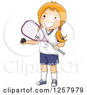 Happy Red Haired White Girl Holding A Squash Ball And Racket