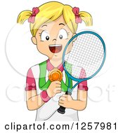 Poster, Art Print Of Happy Blond White Girl Holding A Tennis Racket And Medal