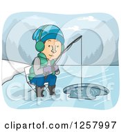 Poster, Art Print Of White Man Ice Fishing On A River