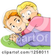 Poster, Art Print Of Happy Blond White Girl Hugging And Laying On Her Mom In The Grass