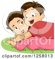 Poster, Art Print Of Happy Brunette White Boy Hugging And Laying On His Mom In The Grass