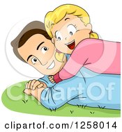Poster, Art Print Of Happy Blond White Girl Hugging And Laying On Her Dad In The Grass