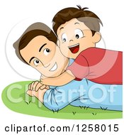 Poster, Art Print Of Happy Brunette White Boy Hugging And Laying On His Dad In The Grass