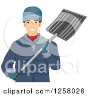 Happy Young White Man Holding A Snow Shovel
