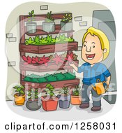 Clipart Of A Happy Blond White Man Watering His Vertical Garden Royalty Free Vector Illustration