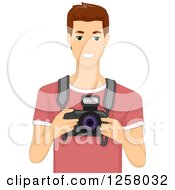 Clipart Of A Young White Brunette Male Photographer Holding A DSLR Camera Royalty Free Vector Illustration by BNP Design Studio