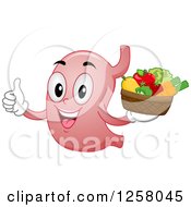Clipart Of A Happy Stomach Character Holding Fruit And A Thumb Up Royalty Free Vector Illustration by BNP Design Studio