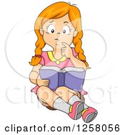 Clipart Of A Red Haired White Girl Thinking While Reading A Book Royalty Free Vector Illustration