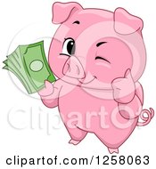 Poster, Art Print Of Cute Winking Pig Holding A Thumb Up And Cash
